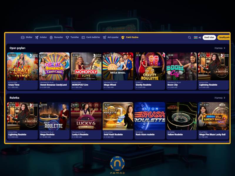 Nomad Casino interfeysi və mobil cihazlarda dizayn